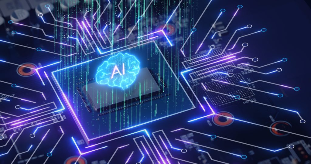 Illustration of a glowing AI brain embedded in a circuit board, representing artificial intelligence policy